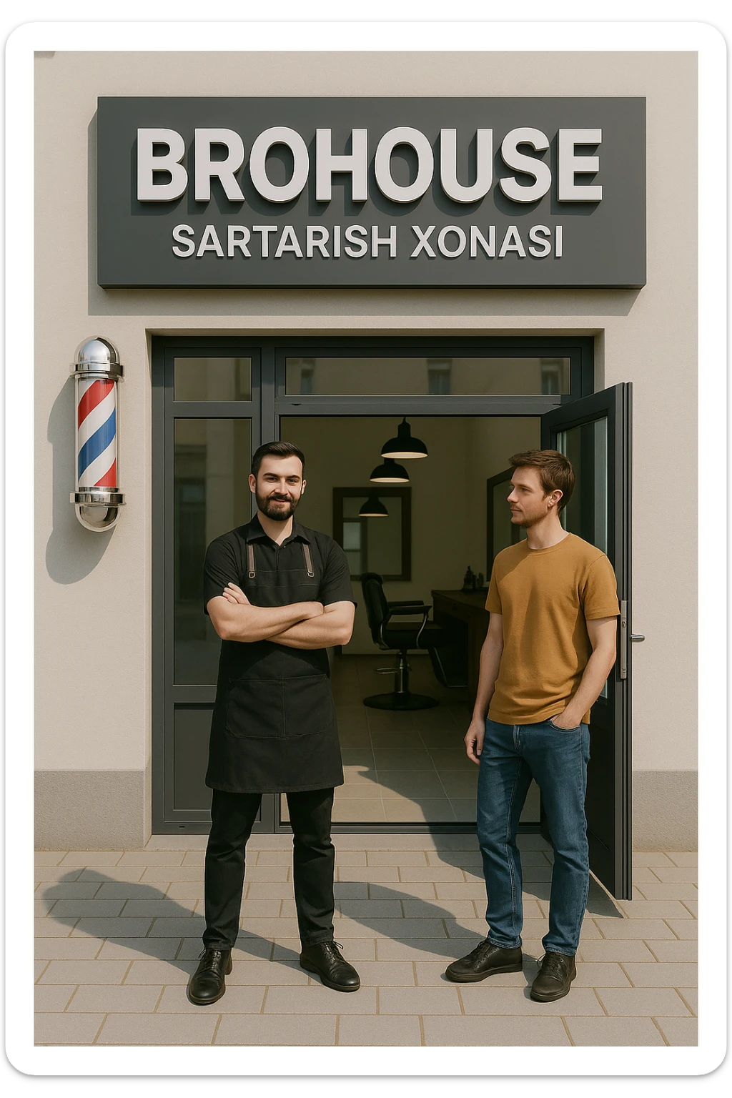 eni shu rasimga boyagi sartaosh oka eshik oldida tursin va tashqarida esa mijoz sticker