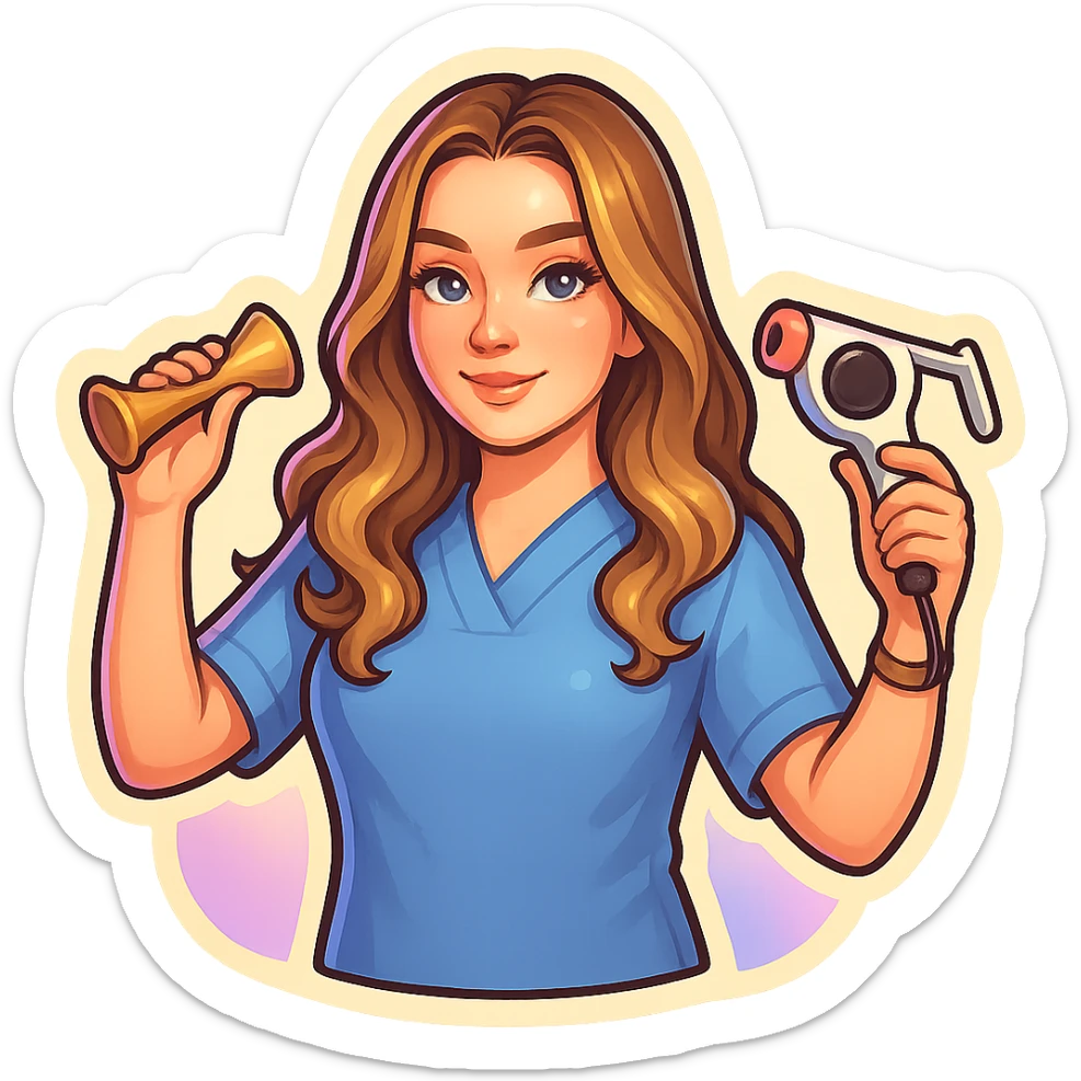 A girl with facial features and light wavy hair as in the reference, wearing a blue medical suit, holding an obstetric stethoscope in one hand, the other hand down, close-up, in retro stickers style with thin clean contours, soft rounded shapes, pastel palette, retro sticker aesthetic, detailed shadows and highlights, soft lighting, transparent background. sticker