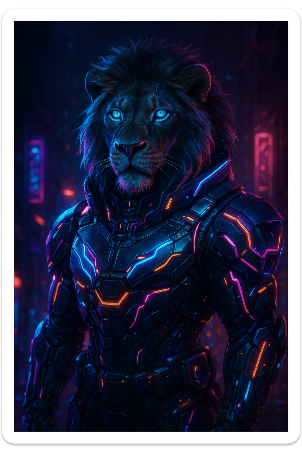 a lion in a cyberpunk suit with neon accents and futuristic details, cyberpunk style, vibrant neon colors, high-tech armor sticker