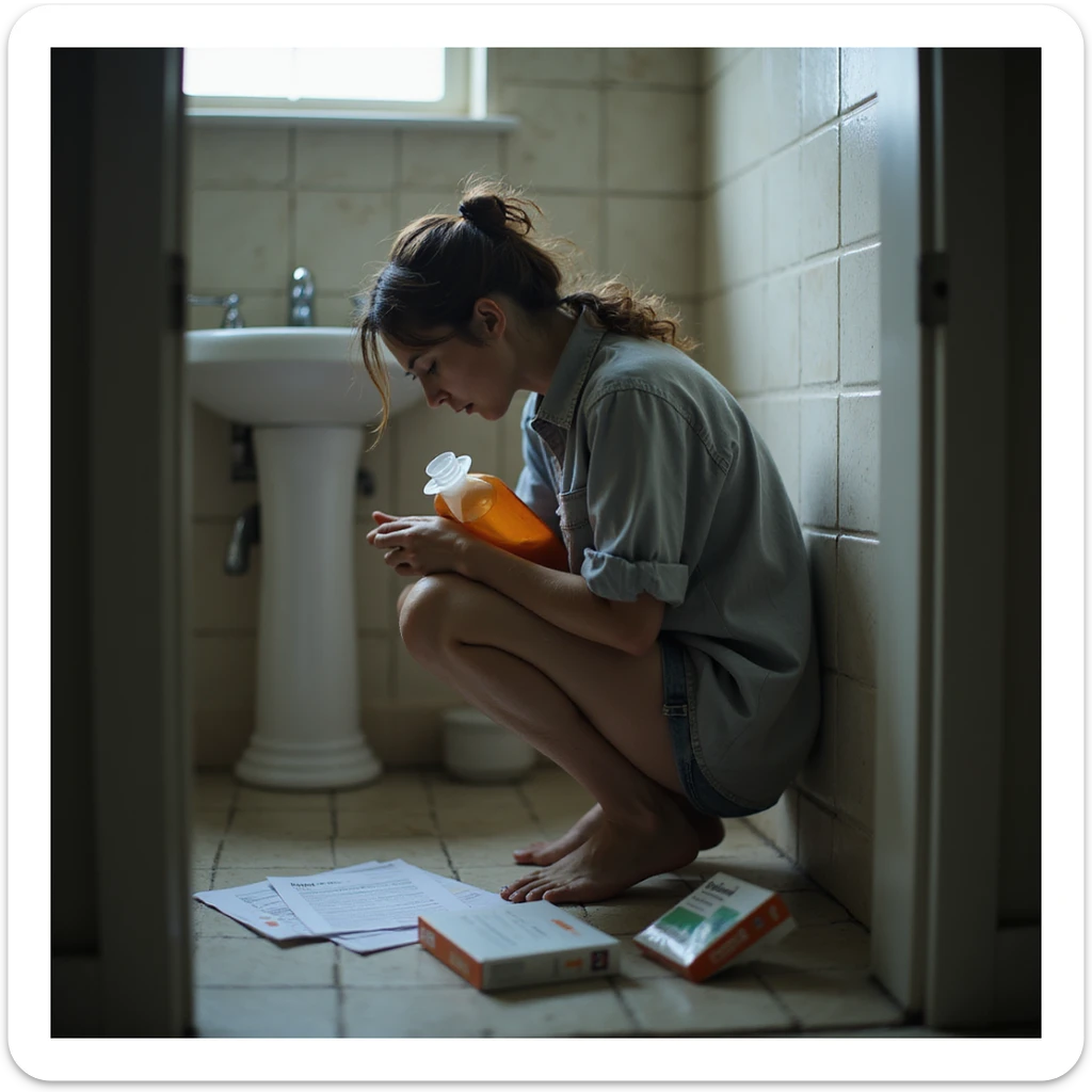 hyperrealistic 4K image of a woman crouched near the bathroom sink, holding a hot water bottle, medical reports with 'Crohn' and discarded biologic drug box on the floor, expression of pain and exhaustion, hyperrealistic atmosphere sticker