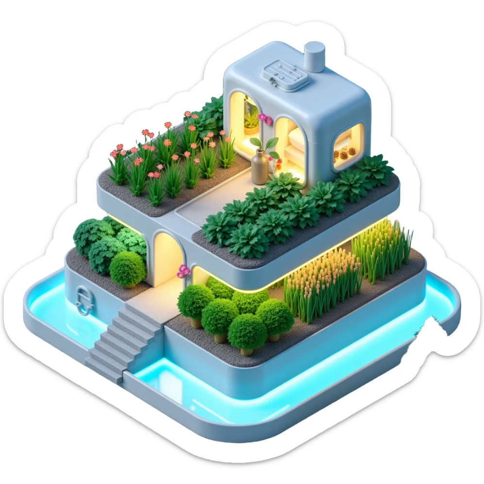 Exterior view of a futuristic hydroponic farm built on a small square platform, glowing neon pipes and transparent water channels, sleek buildings shaped like nutrient tanks, vegetables and wheat growing in vertical layers, surreal atmosphere, emoji-style sticker