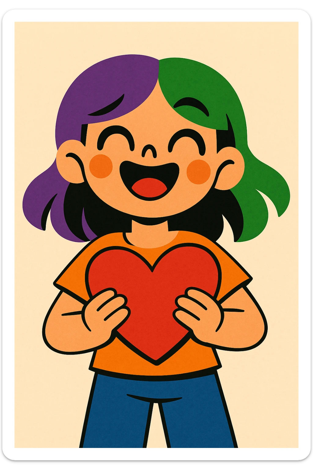girl with half purple half green hair holding a heart, vibrant and expressive sticker