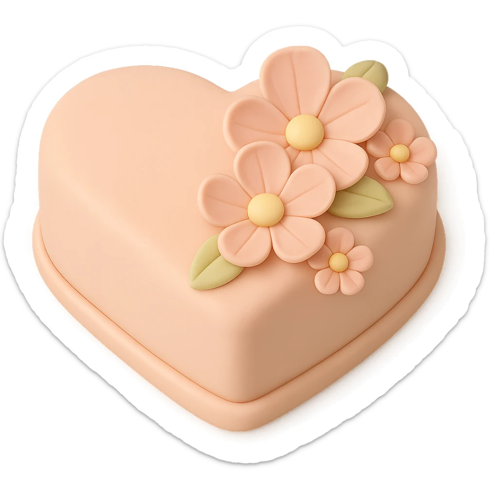 Remove the birthday candles, keep only the heart-shaped fondant cake with pink flowers, fondant cake art style, transparent background. sticker