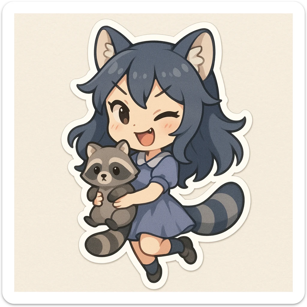 Chibi stickers style raccoon girl holding a small raccoon, playful and mischievous expression and pose. sticker