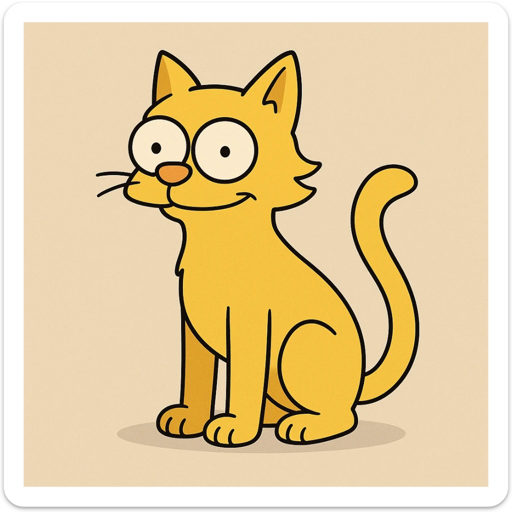cat in the style of The Simpsons, standing, yellow fur, cartoonish, big eyes, simple background sticker