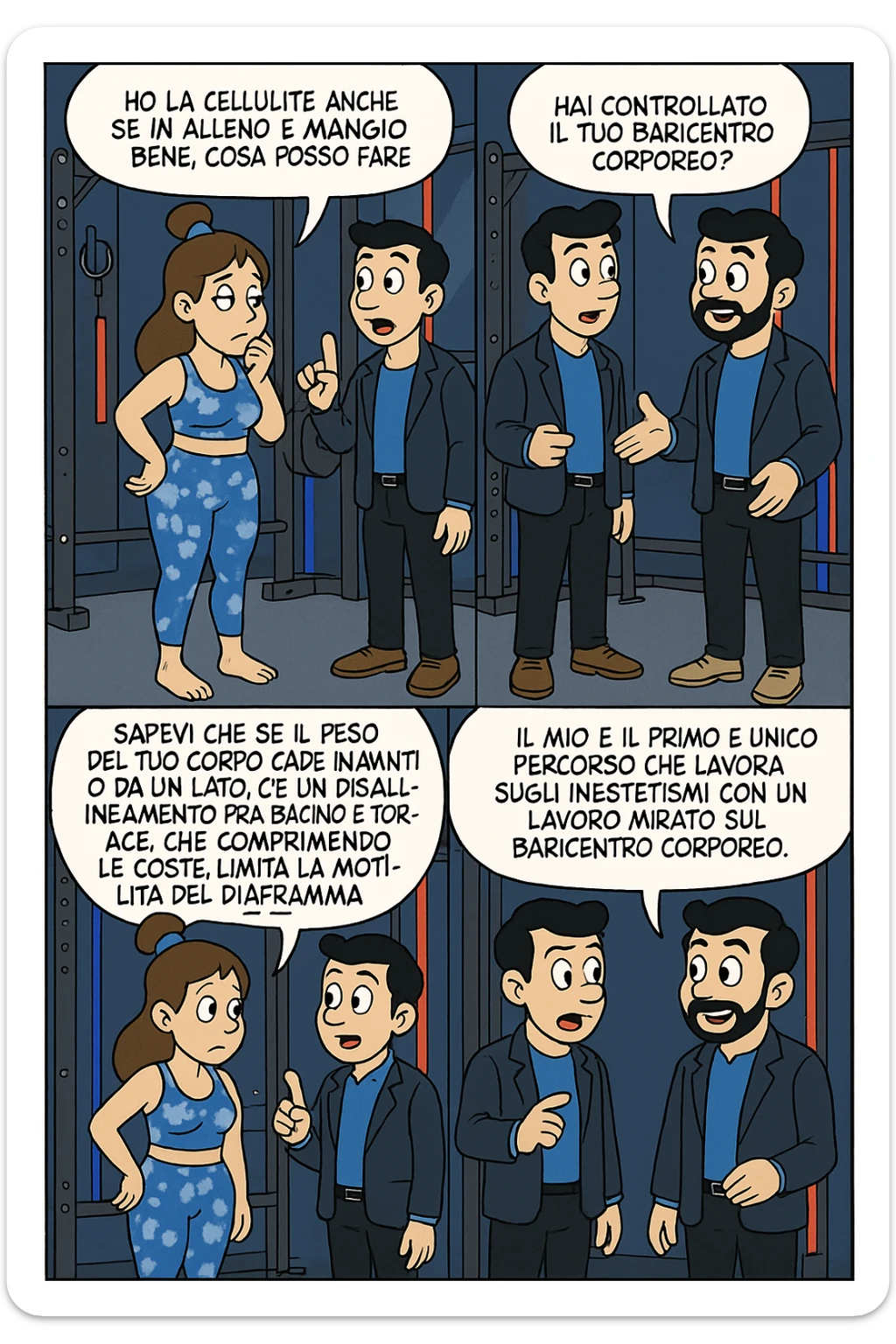 TRASFORMA QUESTO CAROSELLO IN UN FUMETTO STILE FUMETTO TOPOLINO CON QUESTE DUE PERSONE IDENTICHE CHE INTERLOQUISCONO TRA LORO:

LEI: Ho la cellulite anche se mi alleno e mangio bene, cosa posso fare?

LUI: Hai controllato il tuo baricentro corporeo?
LUI: Sapevi che se il peso del tuo corpo cade in avanti o da un lato, c’è un disallineamento fra bacino e torace, che comprimendo le coste, limita la motilità del diaframma e l’ossigenazione dei tessuti?
LUI: Il mio è il primo e unico percorso che lavora sugli inestetismi con un lavoro mirato sul baricentro corporeo. sticker