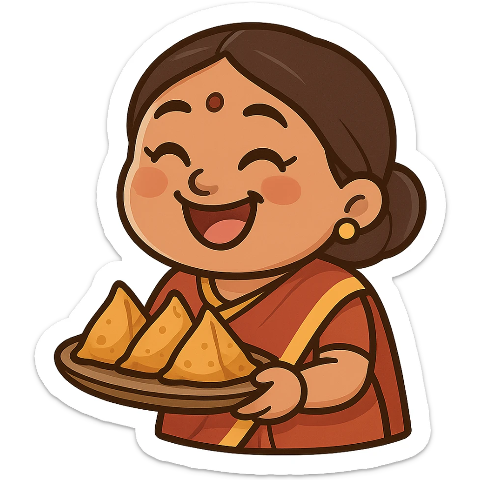 cartoon Indian auntie with bindi, big smile, twinkling eyes, holding tray of samosas, exuding warmth and playful meddling, sticker emoji style sticker