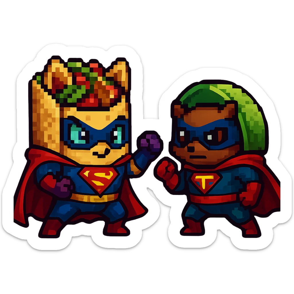 Add superhero costumes to the fajita and taco as they duel in pixel art style, no background. sticker