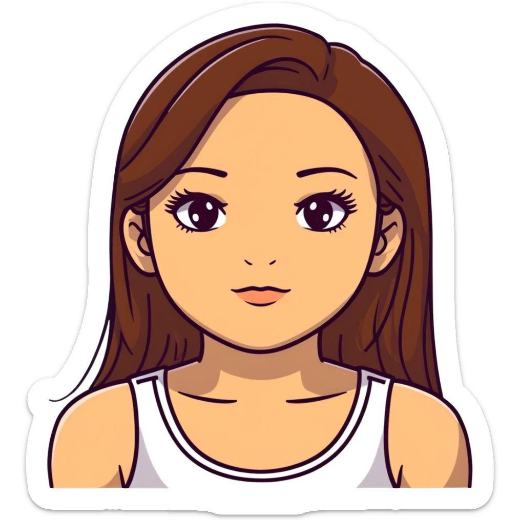 beautiful girl, long straight brown hair, brown eyes with lashes, wearing a white crop top, tan skin sticker