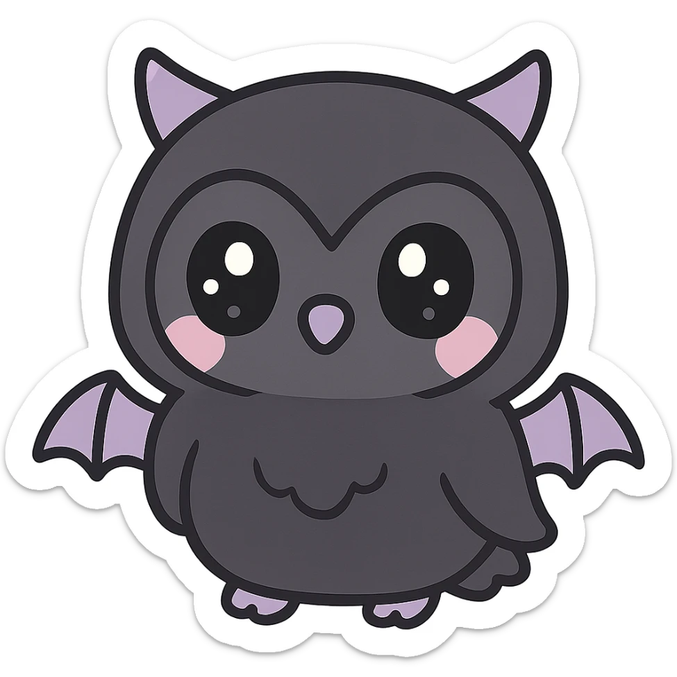 kawaii style gothic owl, cute face, black feathers, purple accents, big eyes, tiny bat wings, mysterious and friendly sticker