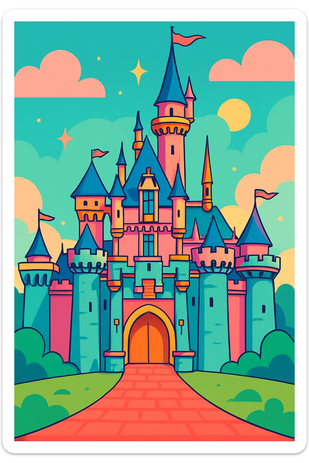 Disneyland castle, magical, pastel colors, whimsical, in a dreamy cartoon style sticker