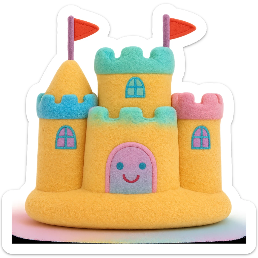 Make the plush jellycat sand castle toy more colorful with vibrant and pastel details, keep the soft plush look, no background, soft plush toy style sticker