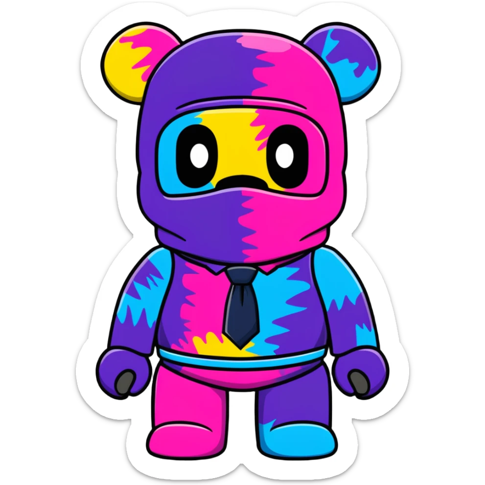 cute bearbrick collectible toy wearing a tie-dye colorful balaclava sticker