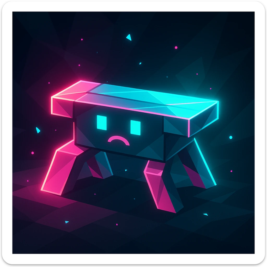 bench character in the style of Just Shapes and Beats, simple geometric form, neon palette, glowing and dynamic sticker