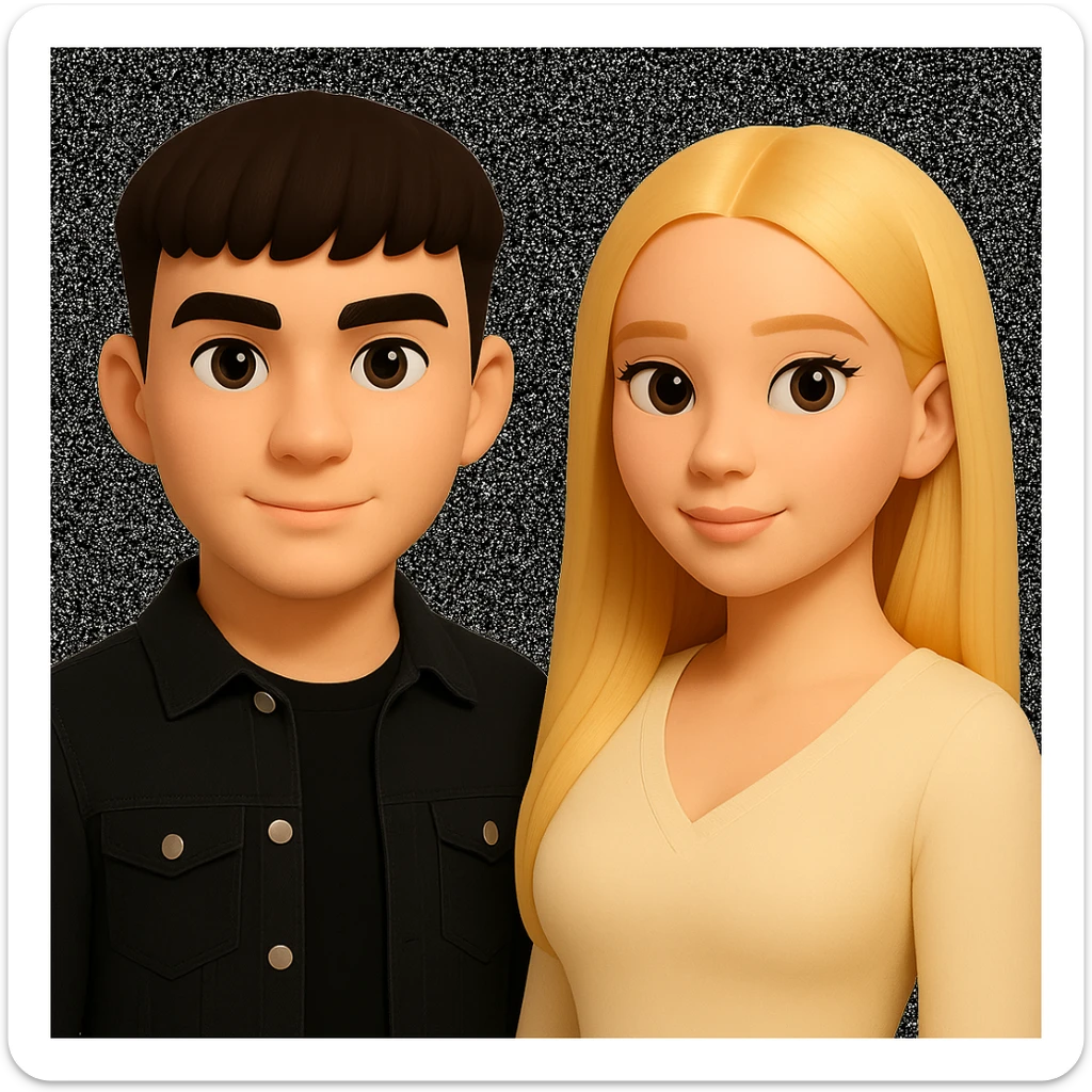 Slightly increase the volume of the upper body of the girl, separate the girl and the boy from each other, and make the skin color the same for both characters. Maintain the cartoonish 3D style in the edit. sticker