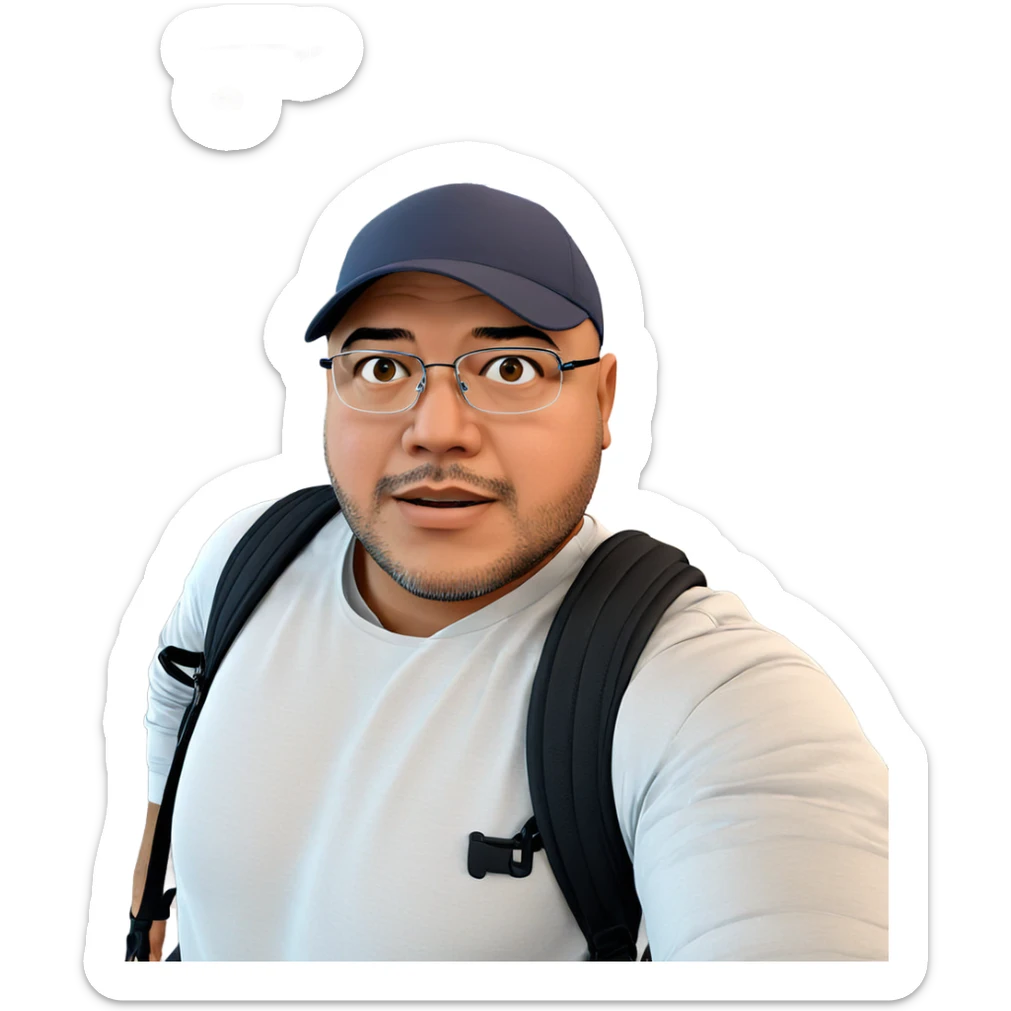 casual male portrait with backpack sticker