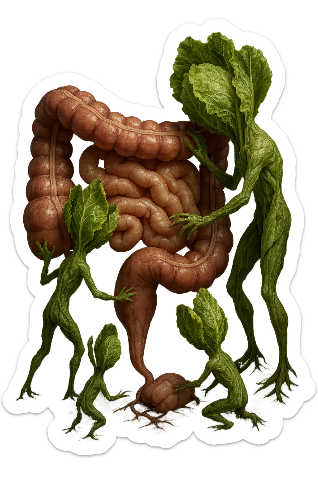 Ultra-realistic 4K illustration: stylized lettuce leaves depicted as plant-like creatures interacting with a human anatomical model of the intestine. The scene is surreal and scientific, with organic textures, refined biological details, dramatic lighting, and a bio-fantasy photorealistic style sticker