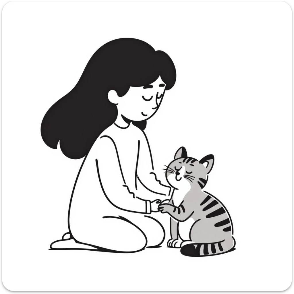 Beautiful girl with long black hair sitting with a gray and blonde mixed cat sticker