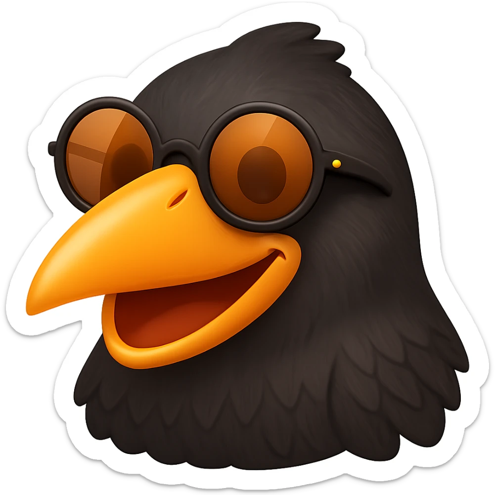 Make the bird emoji more emoji-like, keeping the detailed, slightly cartoonish style and subtle emoji shine. Define the feathers just a bit more than before, but keep it clean and not too realistic. Keep the orange beak and round sunglasses. Bird with a big smile. No background. sticker