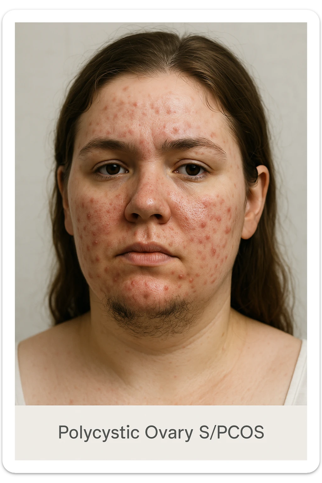 very realistic 3D medical image of a woman with PCOS, showing acne on face and hair under chin, clinical details, neutral background, medical appearance, 2:3 aspect ratio sticker