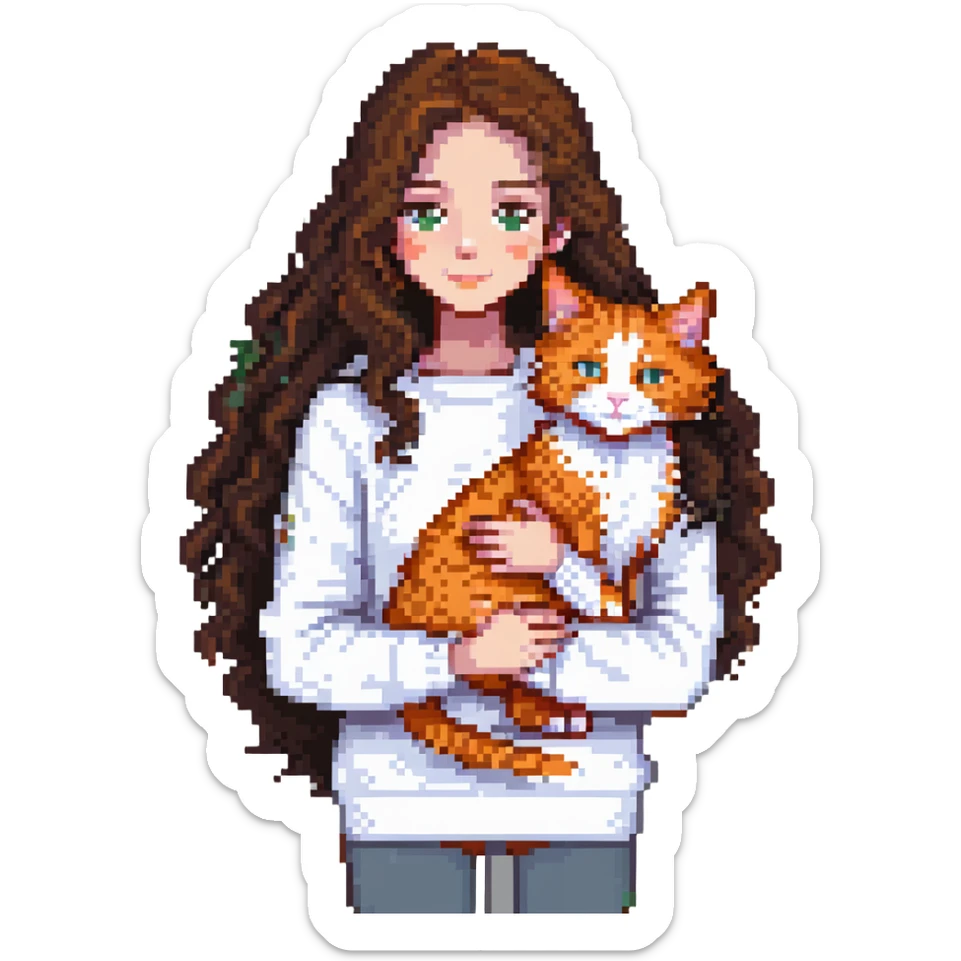 a girl with long dark brown curly hair, wearing a white sweater, hugging an orange cat, a grey Maine Coon, and a white cat with spots, pixel art style sticker