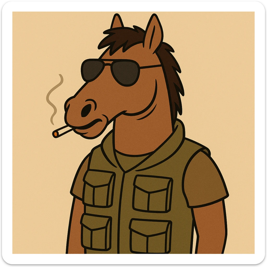 brown horse with an army vibe, cartoon style, wearing aviator sunglasses and a flak jacket sticker