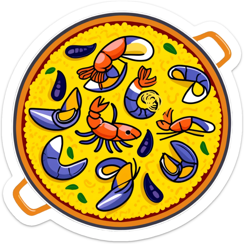 delicious seafood paella with prawns, mussels, and yellow rice in a traditional paella pan sticker