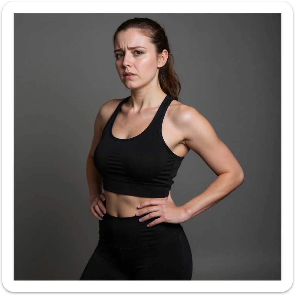 Realistic style woman in sportswear inspired by the reference photo, standing with one hand on her belly and the other on her back, showing an expression of annoyance, neutral background. sticker