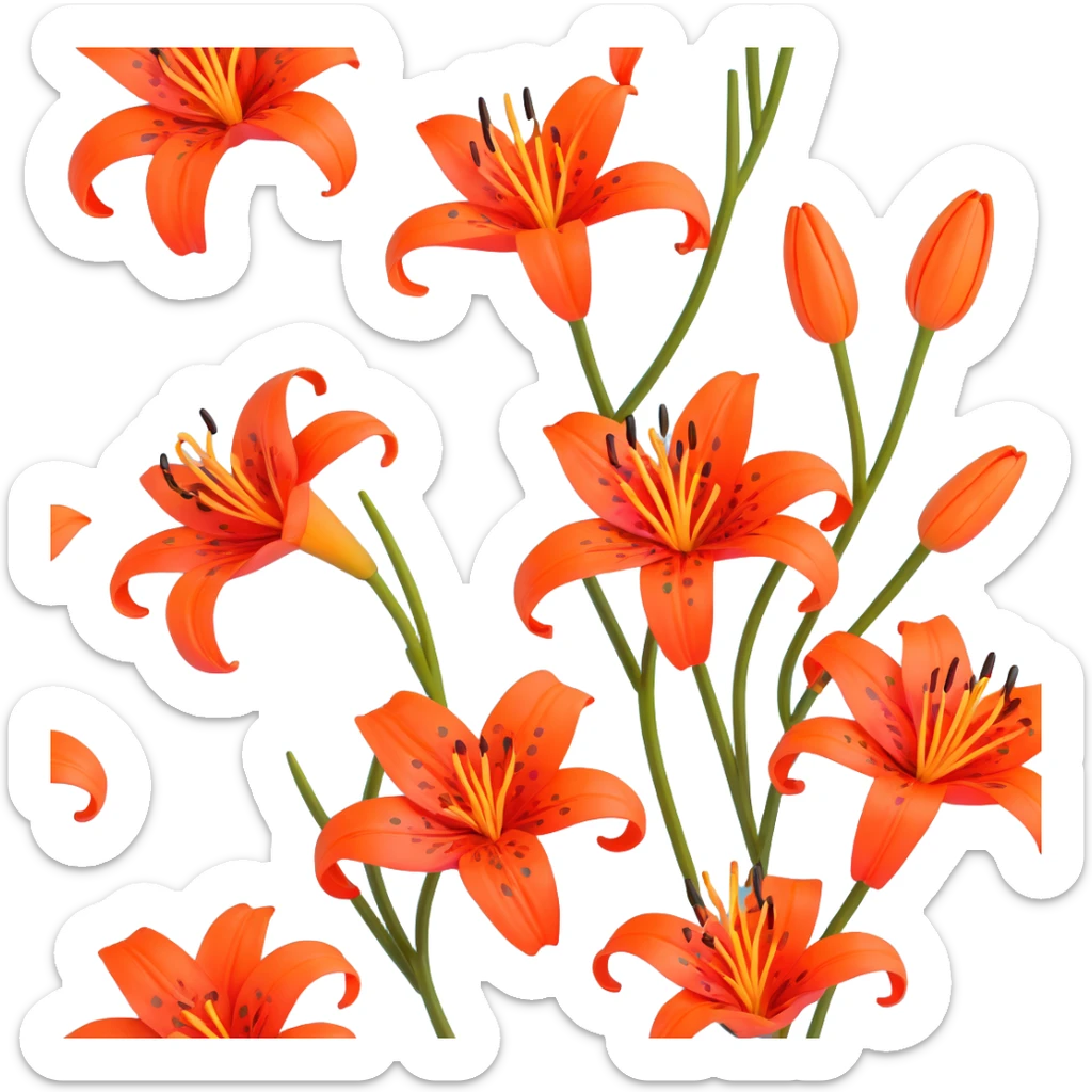 Traditional Japanese tiger lily (oniyuri) flower with elegant sumi-e inspired style, vibrant orange-red petals with black spots, delicate brush-like strokes, zen aesthetic sticker