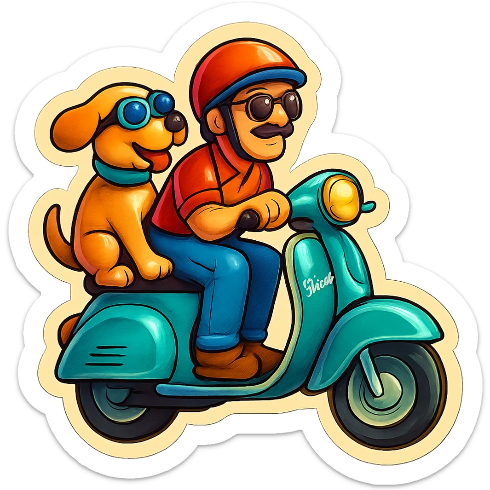 man and his pet dog riding a vespa sticker