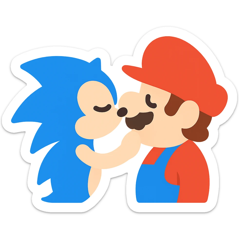 Sonic the Hedgehog kissing Mario, flat color icon style, minimal details, vibrant color palette sticker