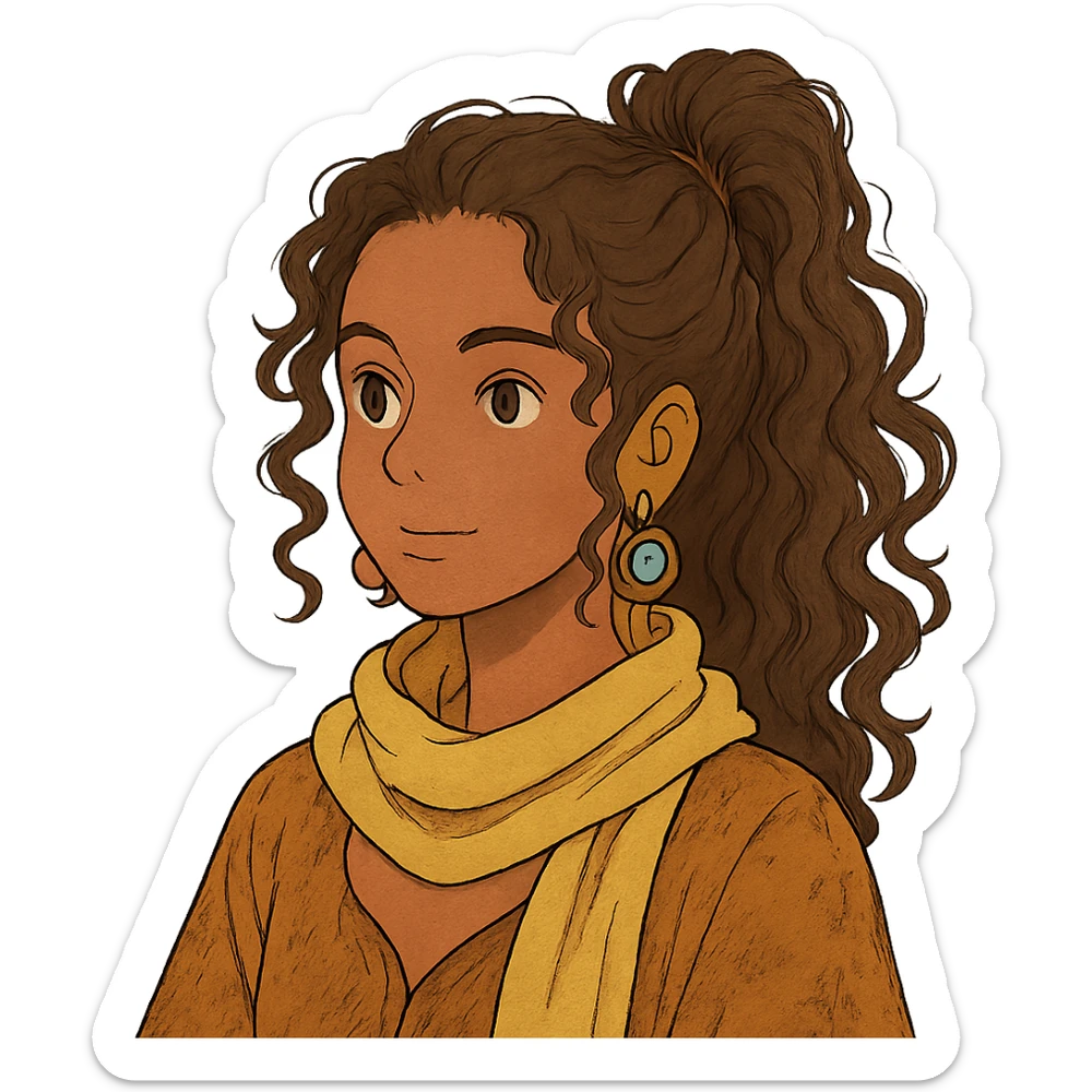 bohemian style girl with brown skin, long brown curly hair tied high, wearing a lemon yellow scarf and round earrings sticker