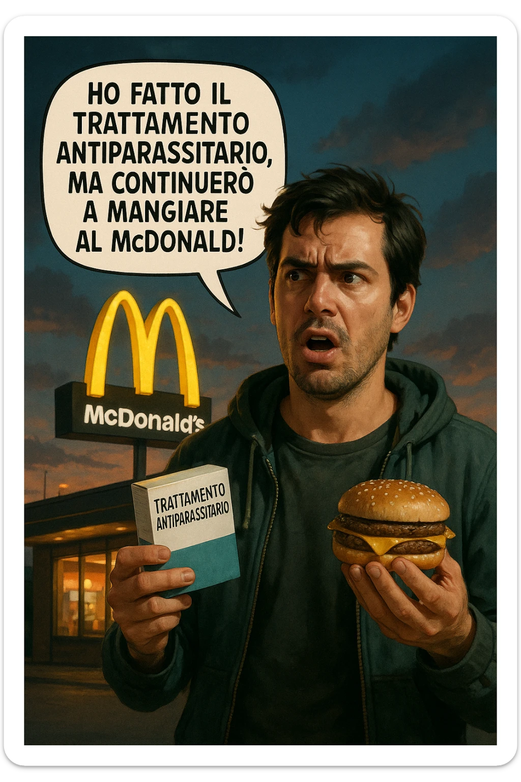 A realistic, cinematic illustration of a man in his early 30s with a confused yet stubborn expression, standing outside a McDonald's at dusk, holding a small box labeled 'Trattamento Antiparassitario' in one hand while holding a large McDonald's burger in the other. He is mid-sentence, saying 'Ho fatto il trattamento antiparassitario, ma continuerò a mangiare al McDonald!' in an expressive speech bubble. The man wears casual streetwear, and behind him, the McDonald's golden arches glow under a neon-lit sky. The mood is ironic and educational, highlighting the contradiction of doing parasite cleanses while continuing unhealthy fast-food habits. The style is realistic with slight illustrative clarity, emphasizing the message humorously while maintaining a serious undertone about lifestyle choices and health in italiano sticker