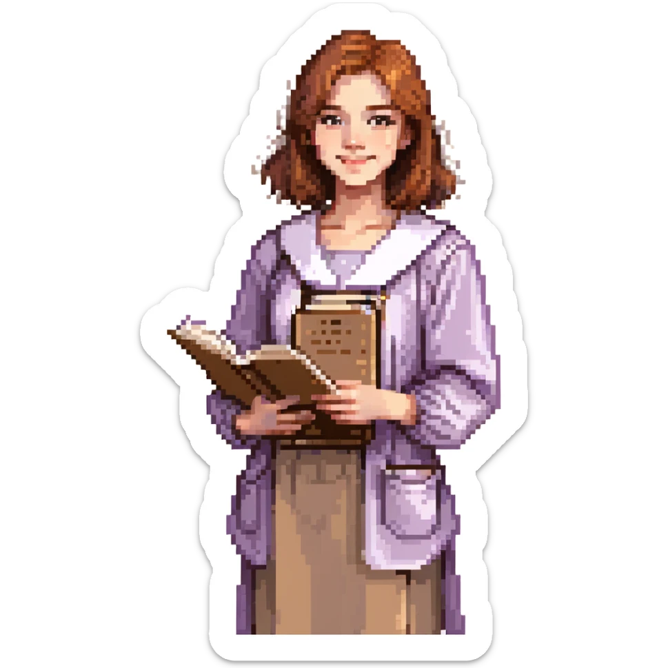 Calm female artist, Caucasian features, shoulder-length auburn hair, soft brown eyes, gentle smile, wearing a violet smock over a light beige top, holding a sketchbook close to chest, waist-up, front-facing sticker