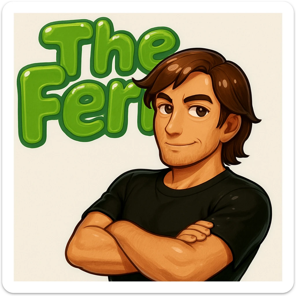 Make the brunette anime man look a little older (late 20s to early 30s) with more mature facial features, still leaning to the side with arms crossed, in front of green bubble letters that say 'The Fern'. He should have a black t-shirt, no jacket, medium-length brown hair, and an expressive anime face. Keep the rounded, glossy, energetic vibe as in the original style. sticker