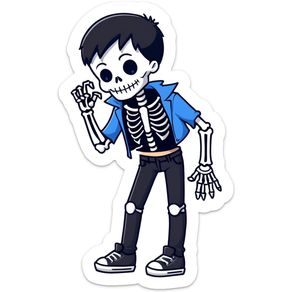 black-haired, blue-eyed person wearing a black skeleton top and ripped black jeans sticker