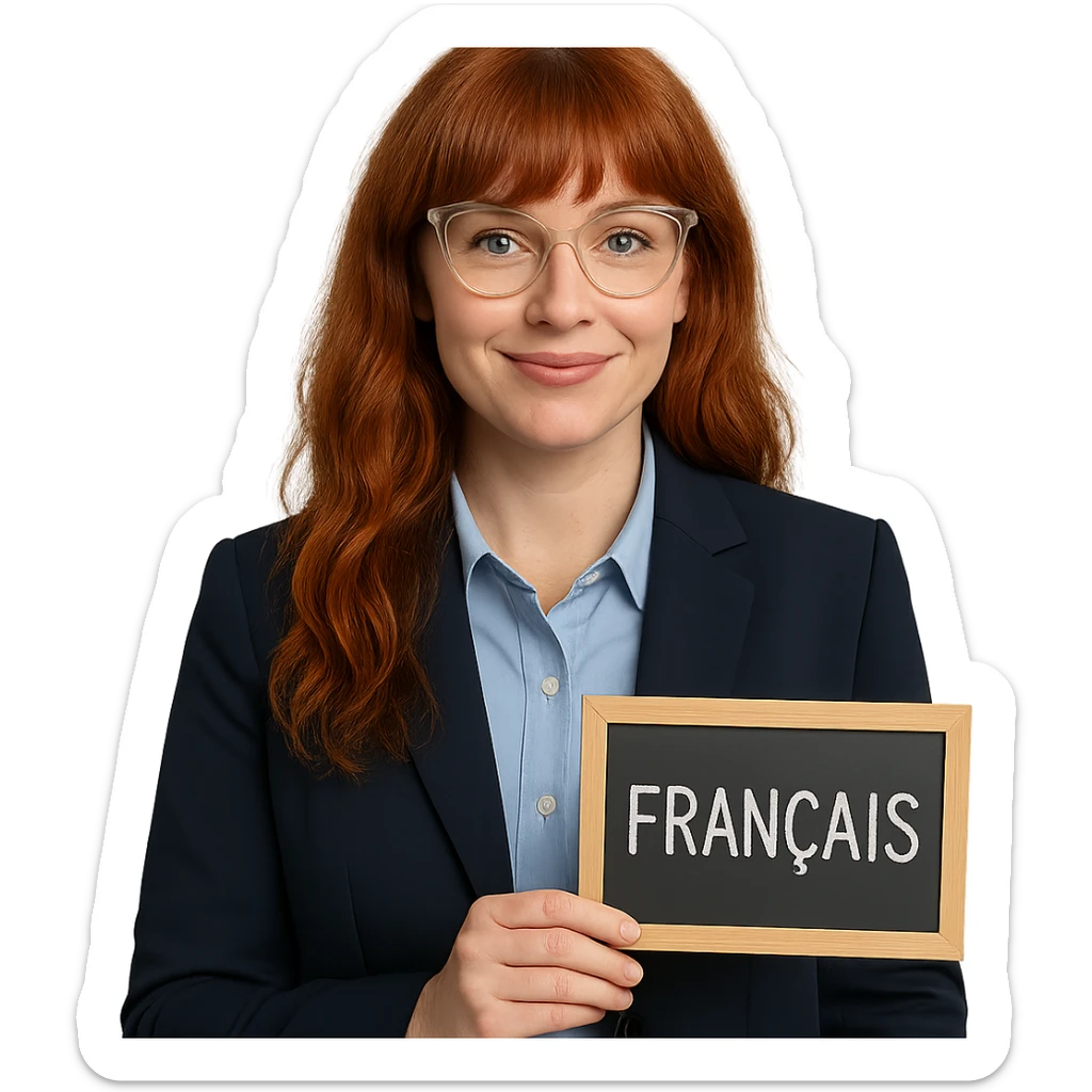 redhead woman with long wavy hair and bangs, wearing cat-eye clear-framed glasses, blue eyes, French teacher, professional and friendly sticker