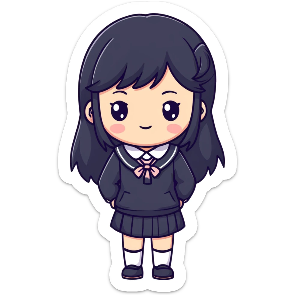 Happy Japanese schoolgirl with long black hair and blushing face sticker