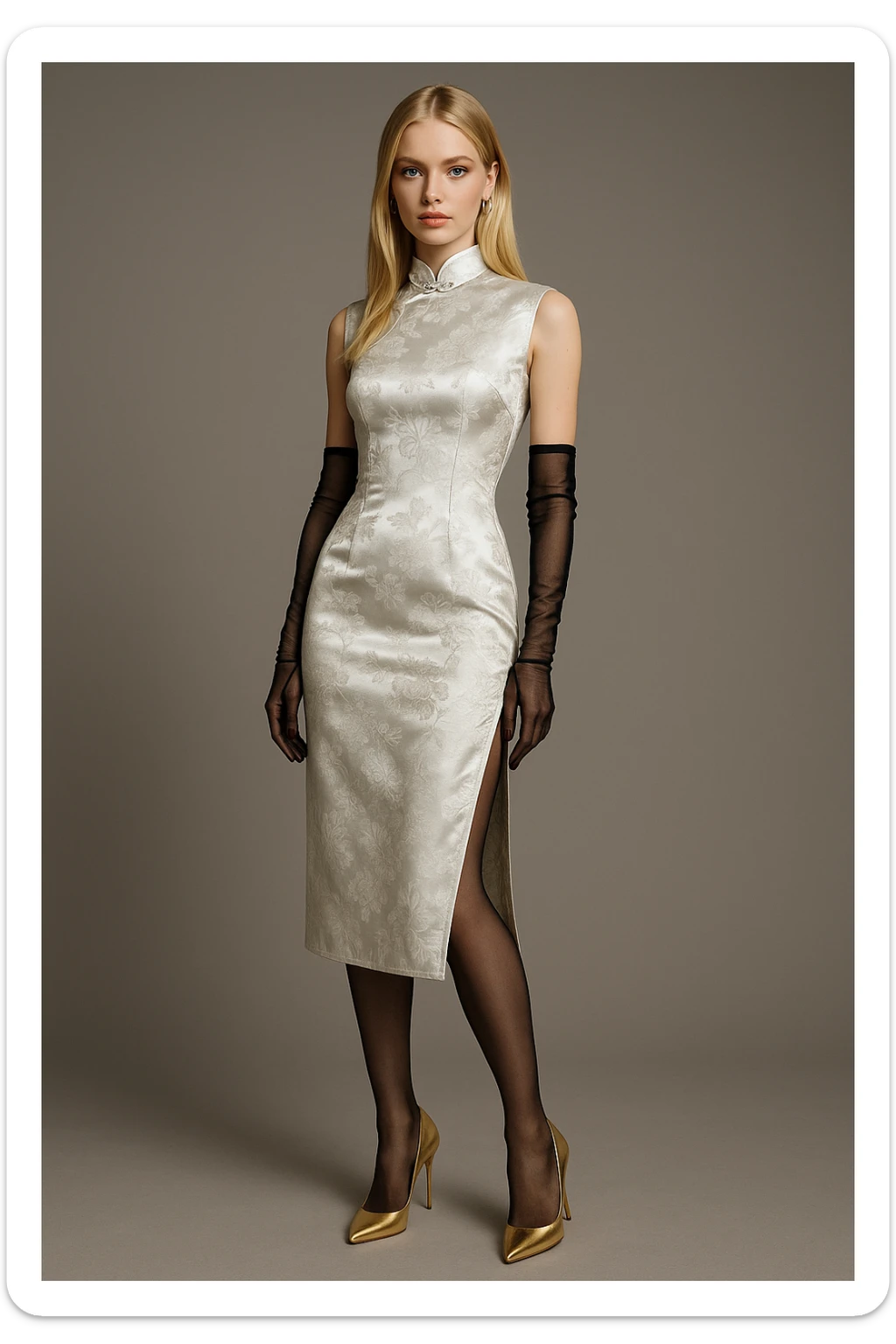 Nordic model girl, blonde with blue eyes, in a platinum qipao with floral patterns, black sheer gloves and stockings, gold heels, elegant and poised sticker