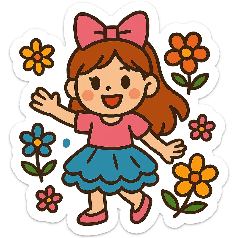girly girl wearing a bow and frilly skirt, smiling, surrounded by flowers, vibrant toon style sticker