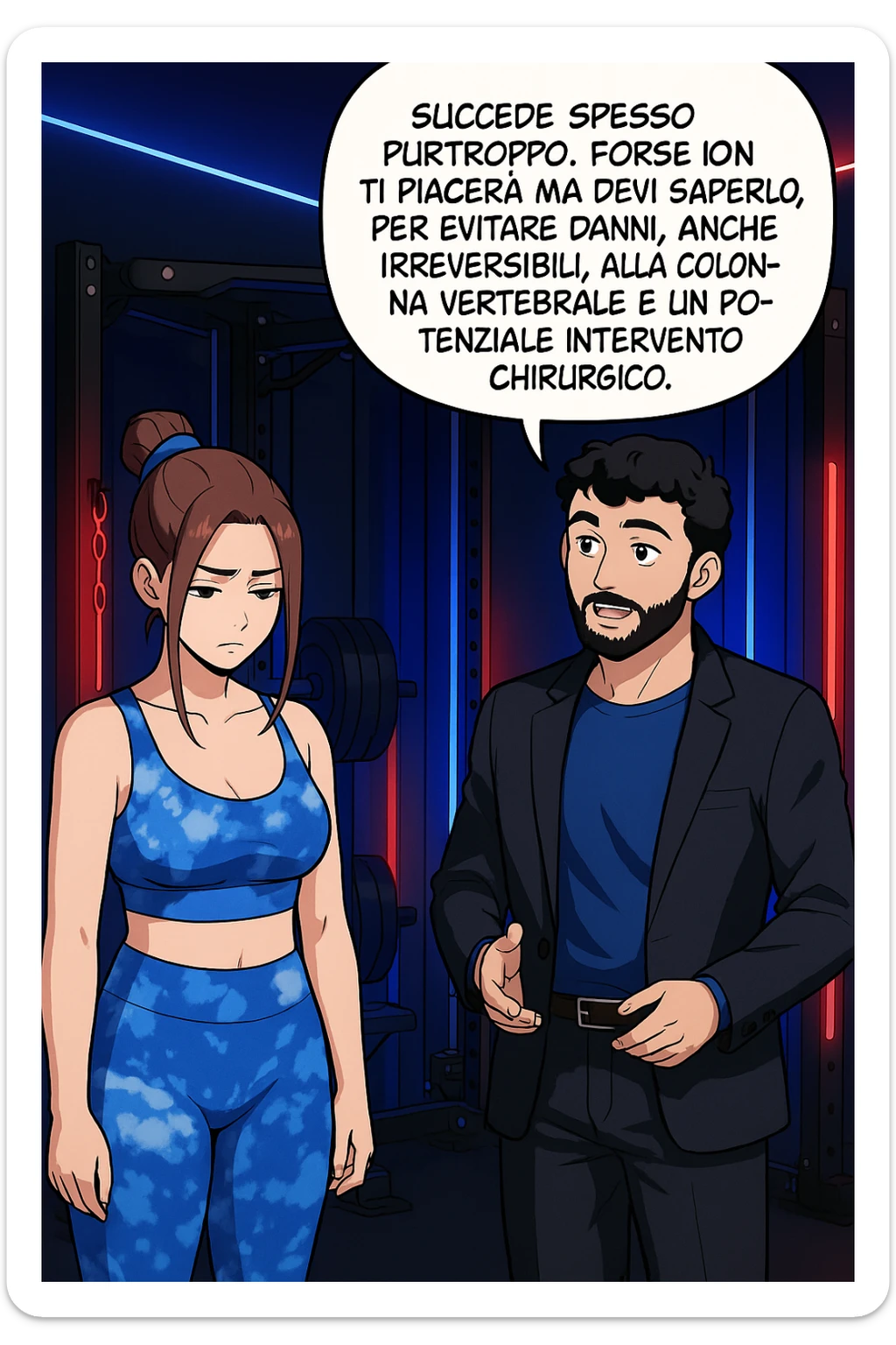 fai questa immagine in versione fumetto/manga/webtoon a colori, il manga mostra l'uomo che risponde alla donne:
Succede spesso purtroppo. 
Forse non ti piacerà ma devi saperlo, per evitare danni, anche irreversibili, alla colonna vertebrale e un potenziale intervento chirurgico. sticker