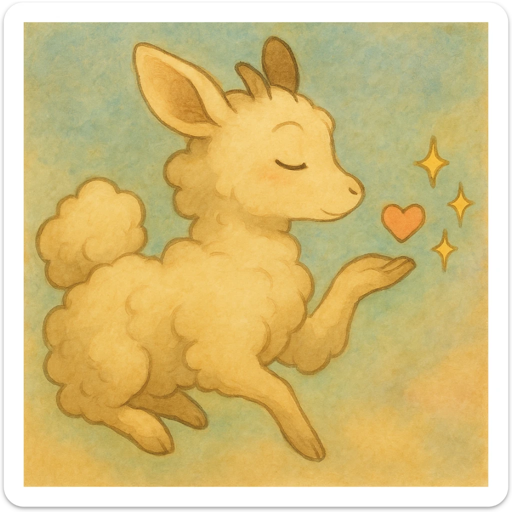 Add a soft pastel background behind the cream yellow Ghibli-style cloud doe blowing a kiss with sparkles, keeping the dreamy and gentle mood. sticker