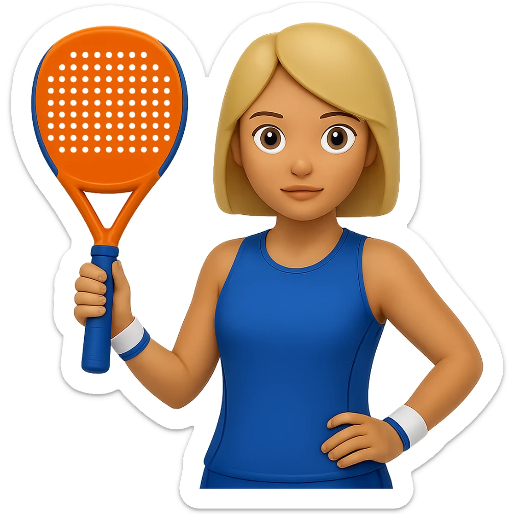 Change the image to depict a woman simply holding a padel racket in a neutral pose with no action, in emoji style, with no background. sticker