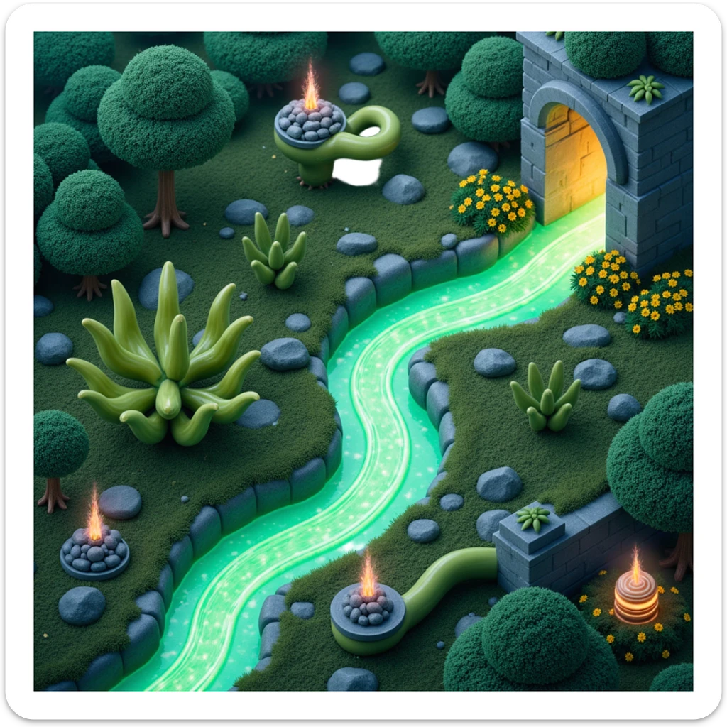 Outside view of an alien farm with bizarre-shaped plants, glowing slime trails, curved alien pipes and floating irrigation orbs sticker