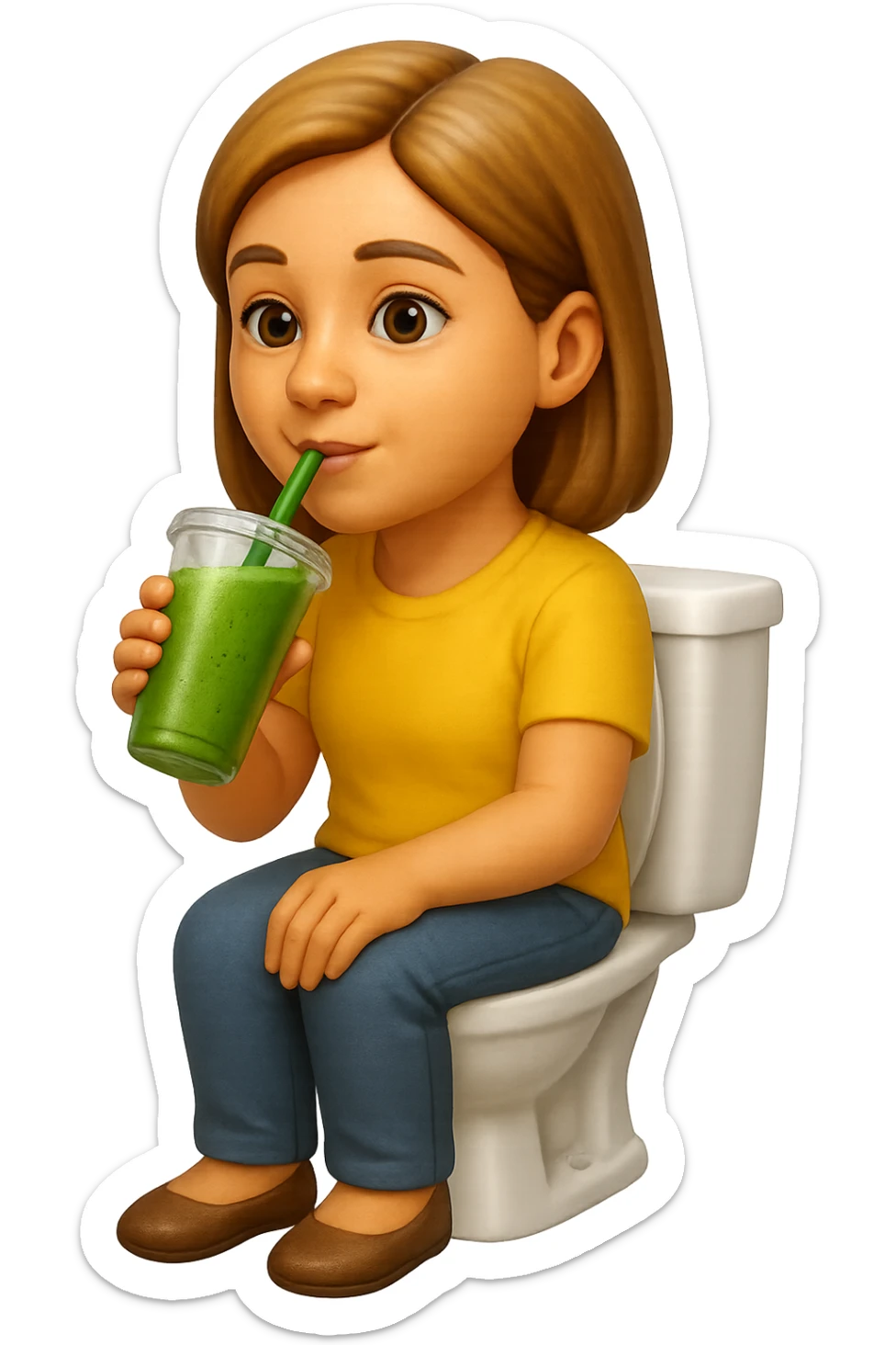 emoji stile iphone di una donna seduta sul wc che beve uno smoothies verde, iperrealistico 4k sticker
