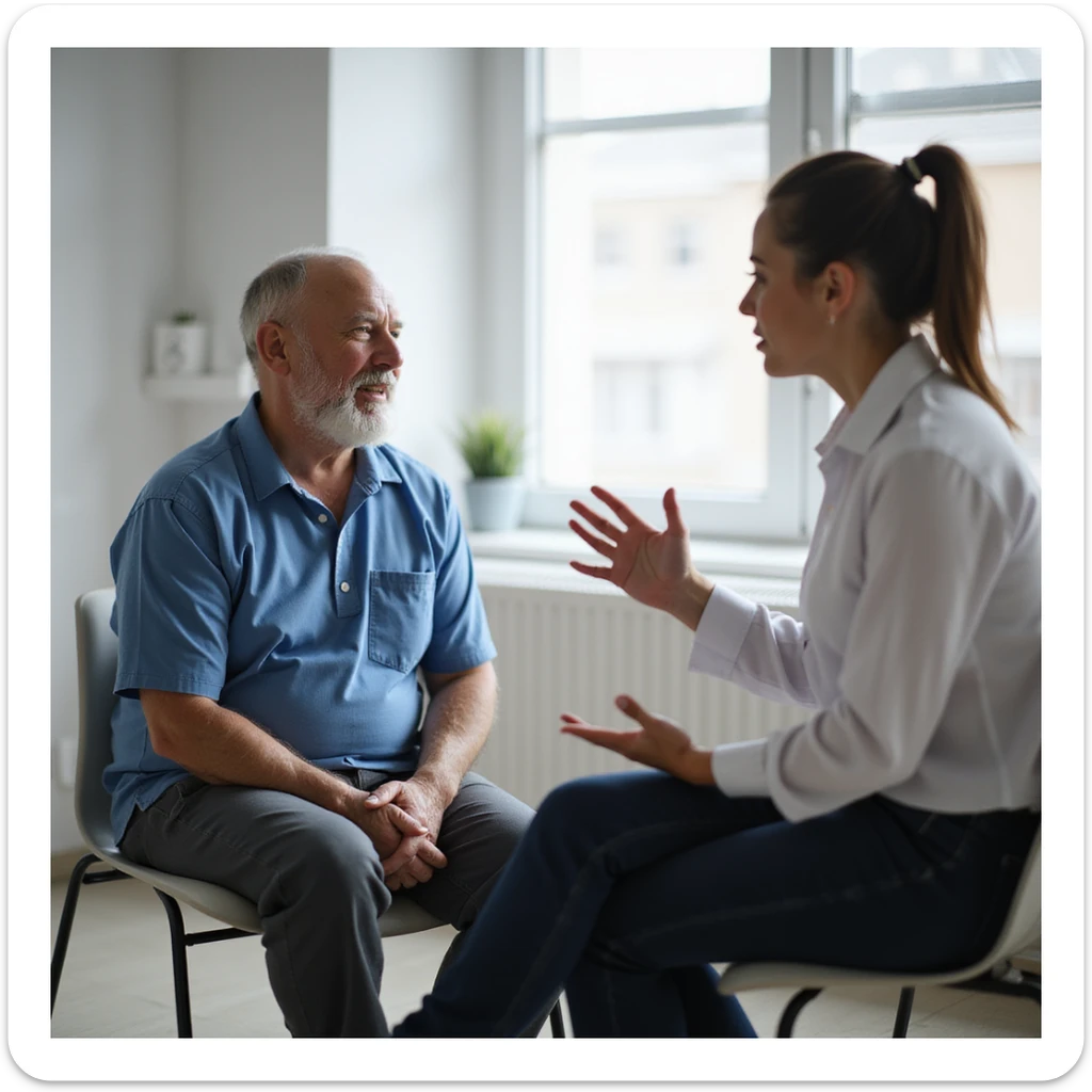 realistic image of a patient sitting in a clinic, therapeutic exercises not suitable for his condition, physiotherapist explaining the situation with gestures, clinical details, professional atmosphere sticker