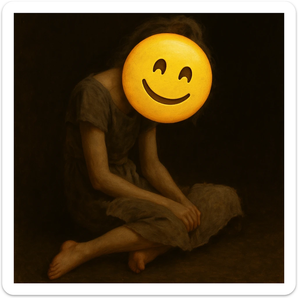 Replace the girl's face with a classic yellow emoji face, keeping the rest of the image and mood unchanged. The style should resemble a classic yellow emoji face. sticker