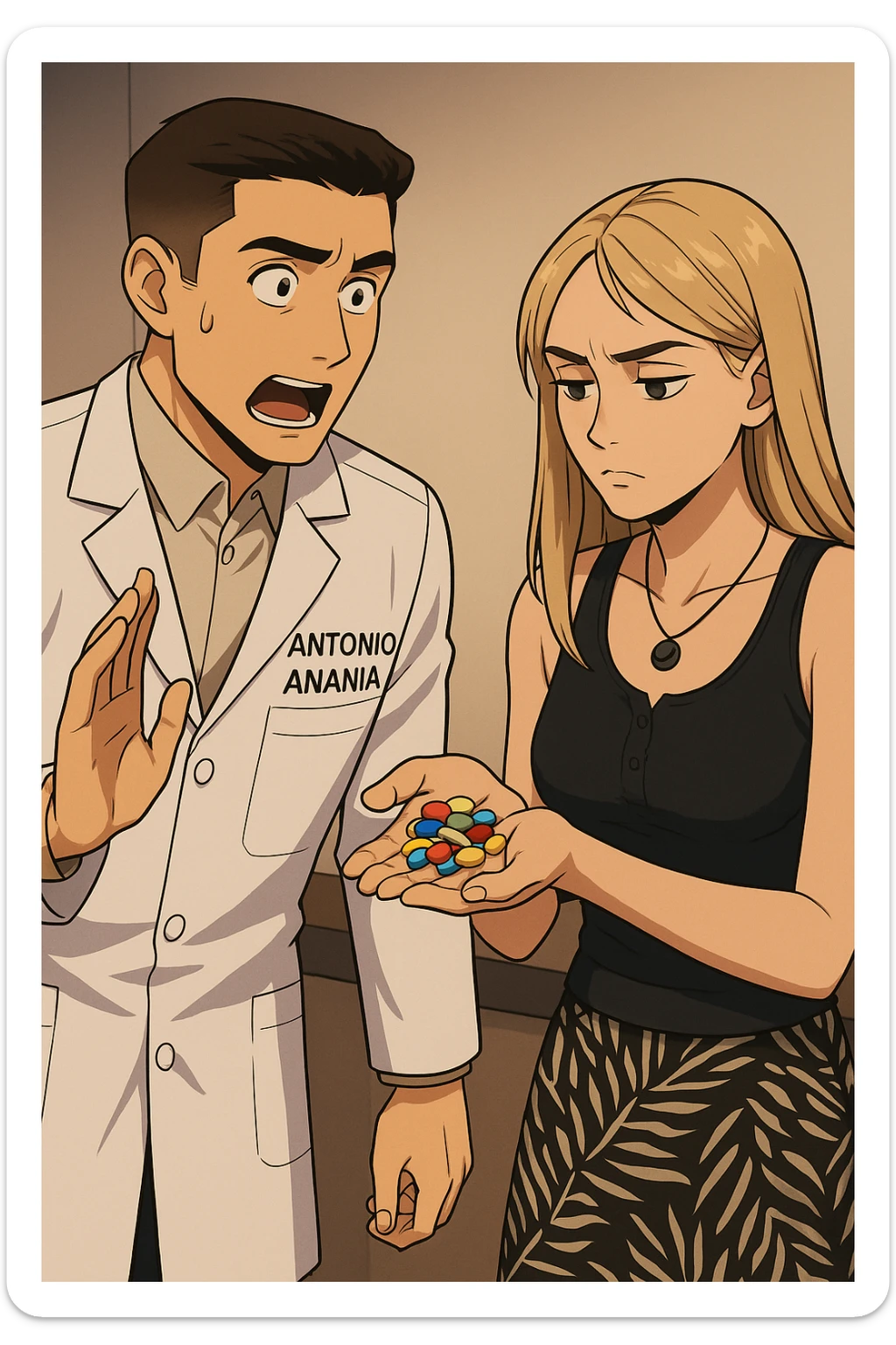 fai un webtoon/manga a colori con questo kinesiologo in camice bianco (fagli la scritta "ANTONIO ANANIA" SUL CAMICE) CHE PARLA CON QUESTA RAGAZZA. LA RAGAZZA HA UN PUGNO DI INTEGRATORI IN MANO (TANTE PILLOLE DIVERSE) E LE GUARDA DUBBIOSA. IL KINESIOLOGO CON IL CAMICE BIANCO LE DOMANDA UNA COSA SCIOCCATO. NON FARE I FUMETTI, FAI SOLO LORO COME SE DIALOGASSERO sticker