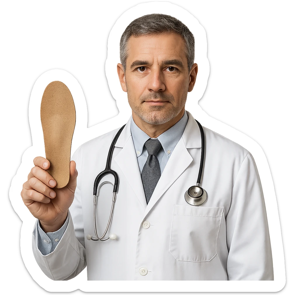 realistic detailed orthopedic doctor holding an orthopedic insole, professional expression sticker