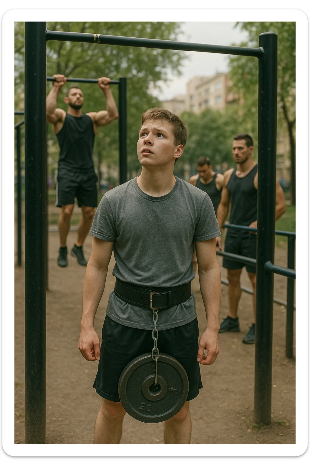 Giovane atleta neofita, fisico normale e non ancora sviluppato, si allena per la prima volta in uno spazio urbano per streetlifting: sbarra per trazioni, parallele, e pesi appesi alla cintura. L’ambiente è un parco cittadino o un’area outdoor sportiva, con luce naturale. L’atleta guarda la sbarra con determinazione e un po’ di insicurezza, ma con forte motivazione. Intorno, altri atleti più esperti. Stile realistico, atmosfera motivazionale, toni energici ma credibili, senso di inizio di un percorso sticker